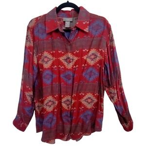 I.V.Y Aztec Southwestern Button Down Shirt Red Blue Geometric Pattern Top Medium